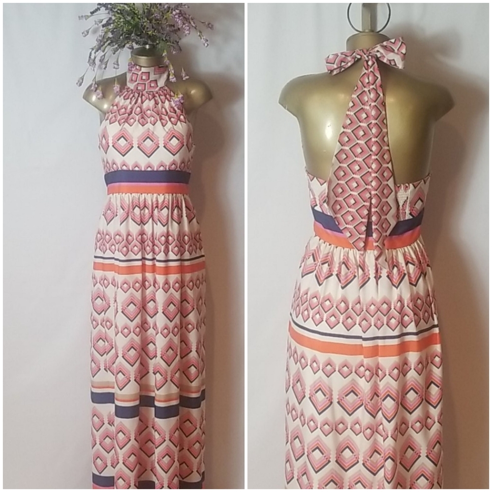 Eliza J Pink Peach Patterned Halter Maxi Dress